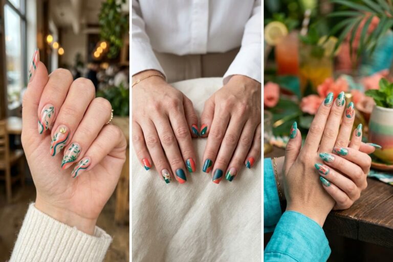 17 Coral and Teal Nails with a Playful Color Mix