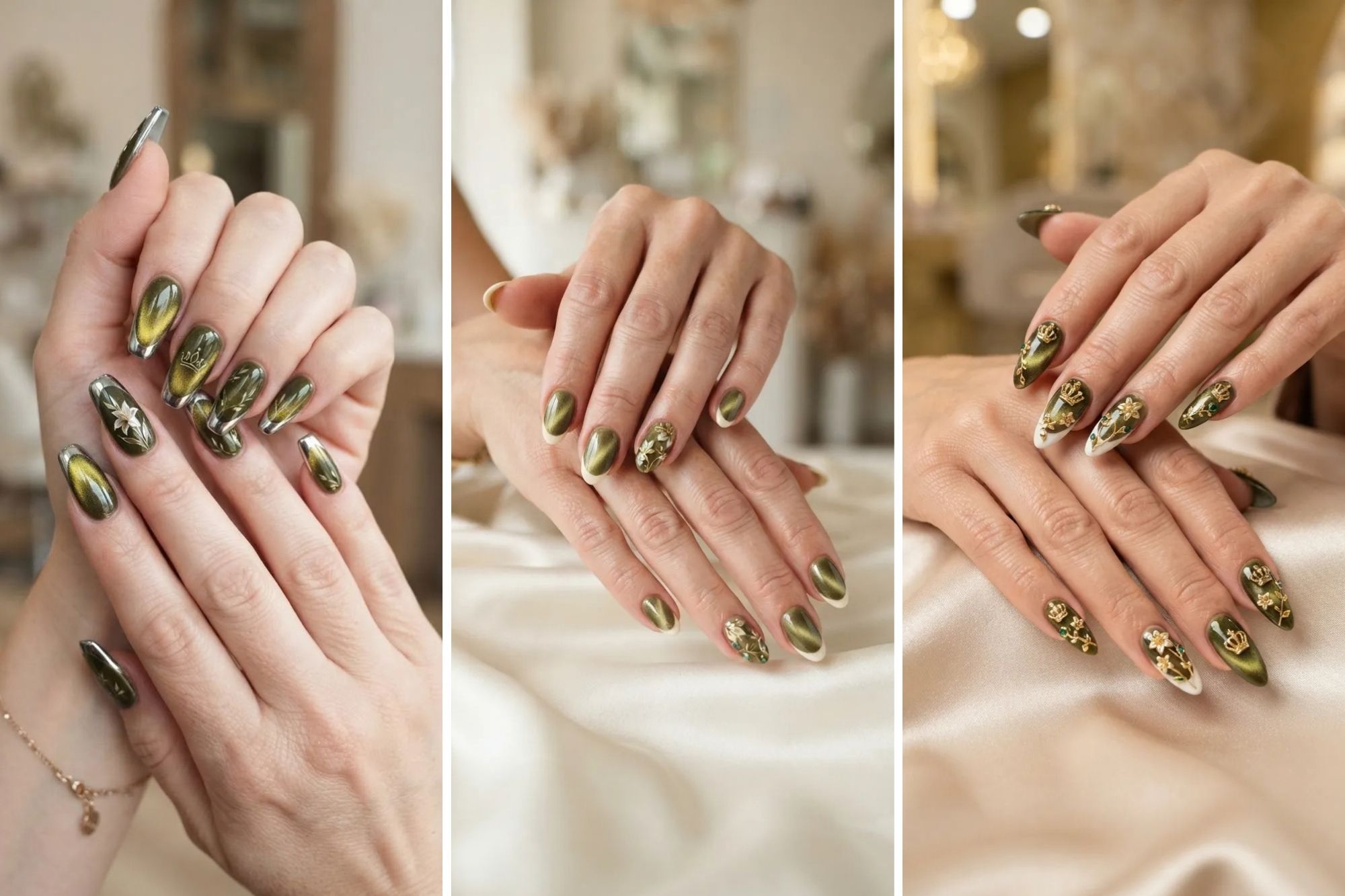 15 Olive Green Cat Eye Nails with Beautiful Shimmer Details