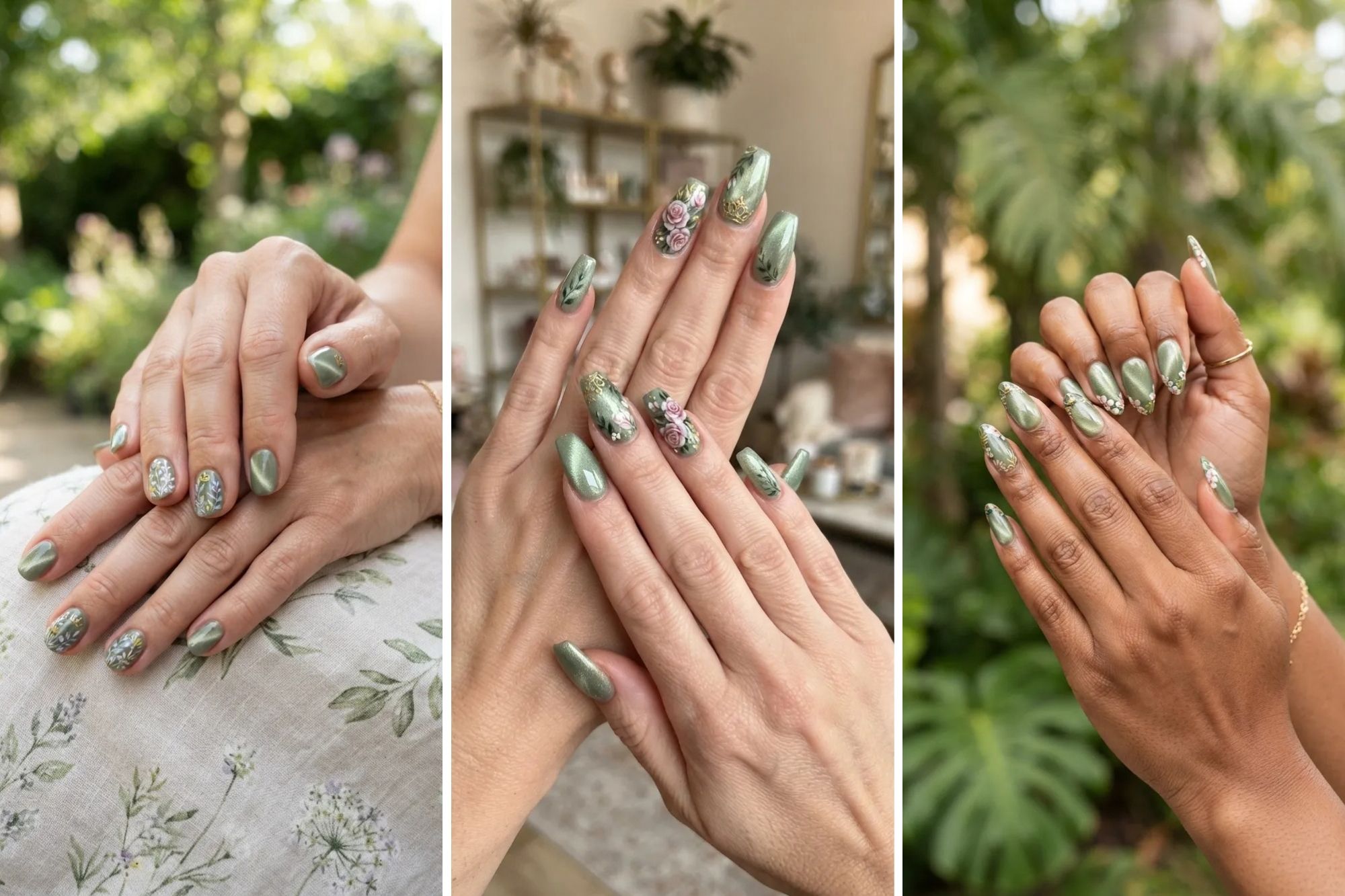 16 Sage Green Cat Eye Nails with Charming Floral Touches