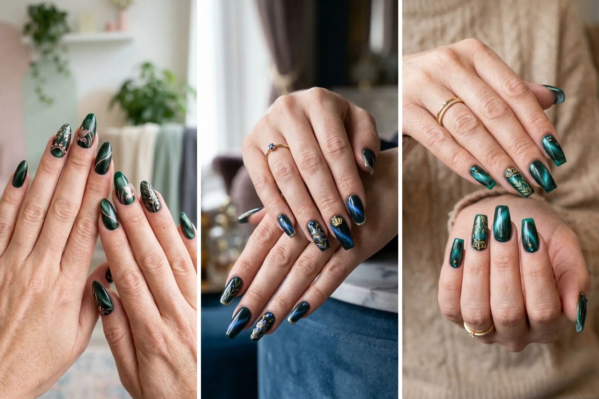 17 Dark Green Cat Eye Nails with Glamorous Jewel-Tone Accents